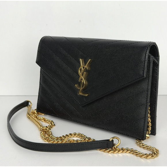 Saint Laurent Monogram Chain Wallet Bag Small Black Chevron Grained Leather - Picture 1 of 16